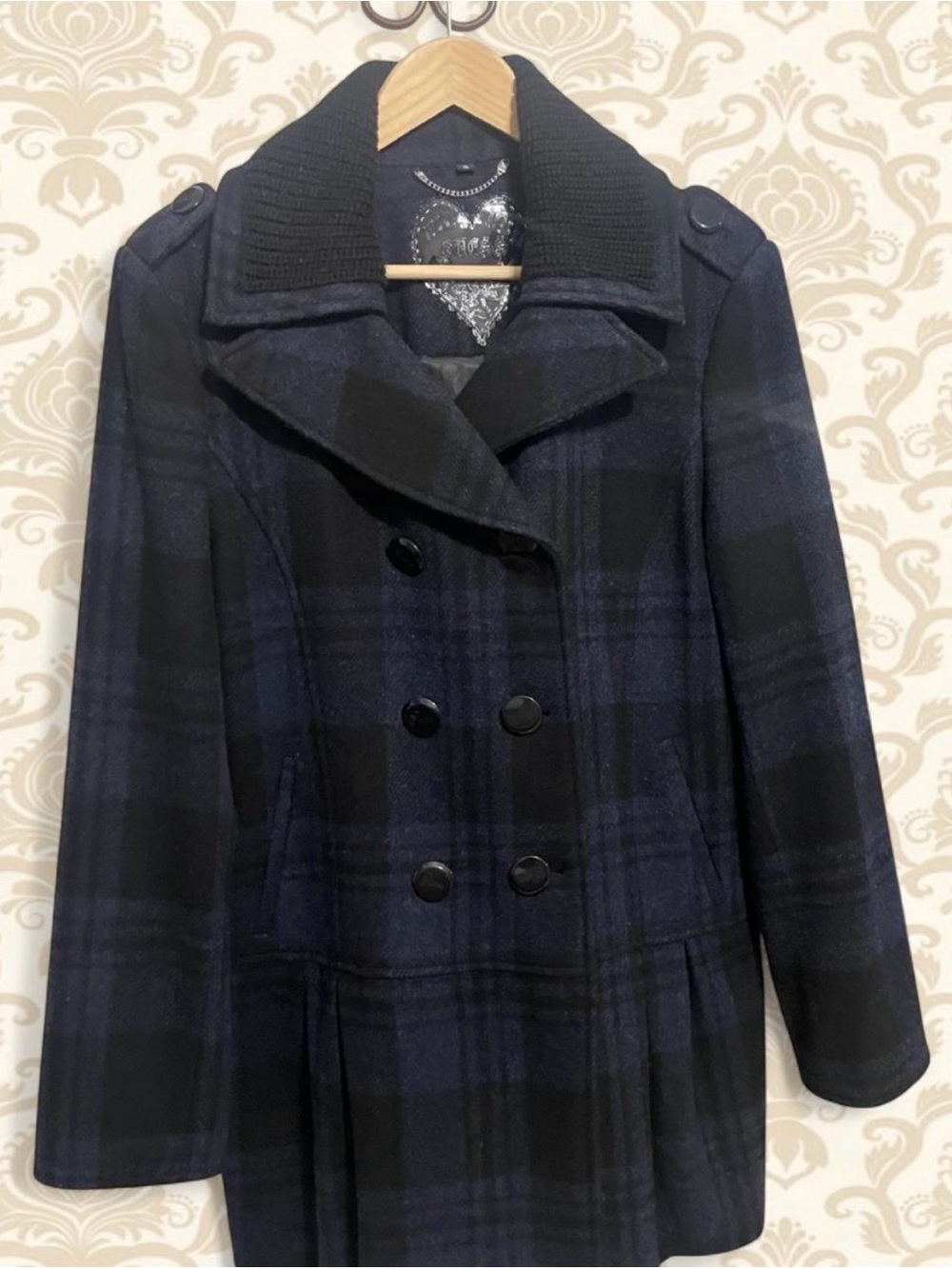 Guess Black & Navy Plaid Double-Breasted Pea Coat